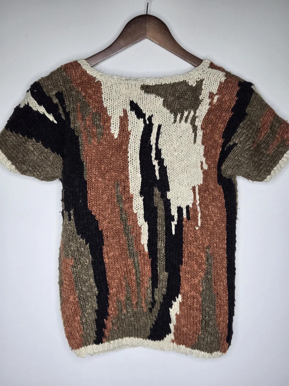 Rafaella Vintage Abstract Knit Short Sleeve Sweater Earthy Multicolor Size M